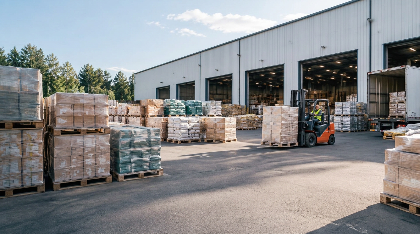 Pallets and boxed merchandise in a warehouse